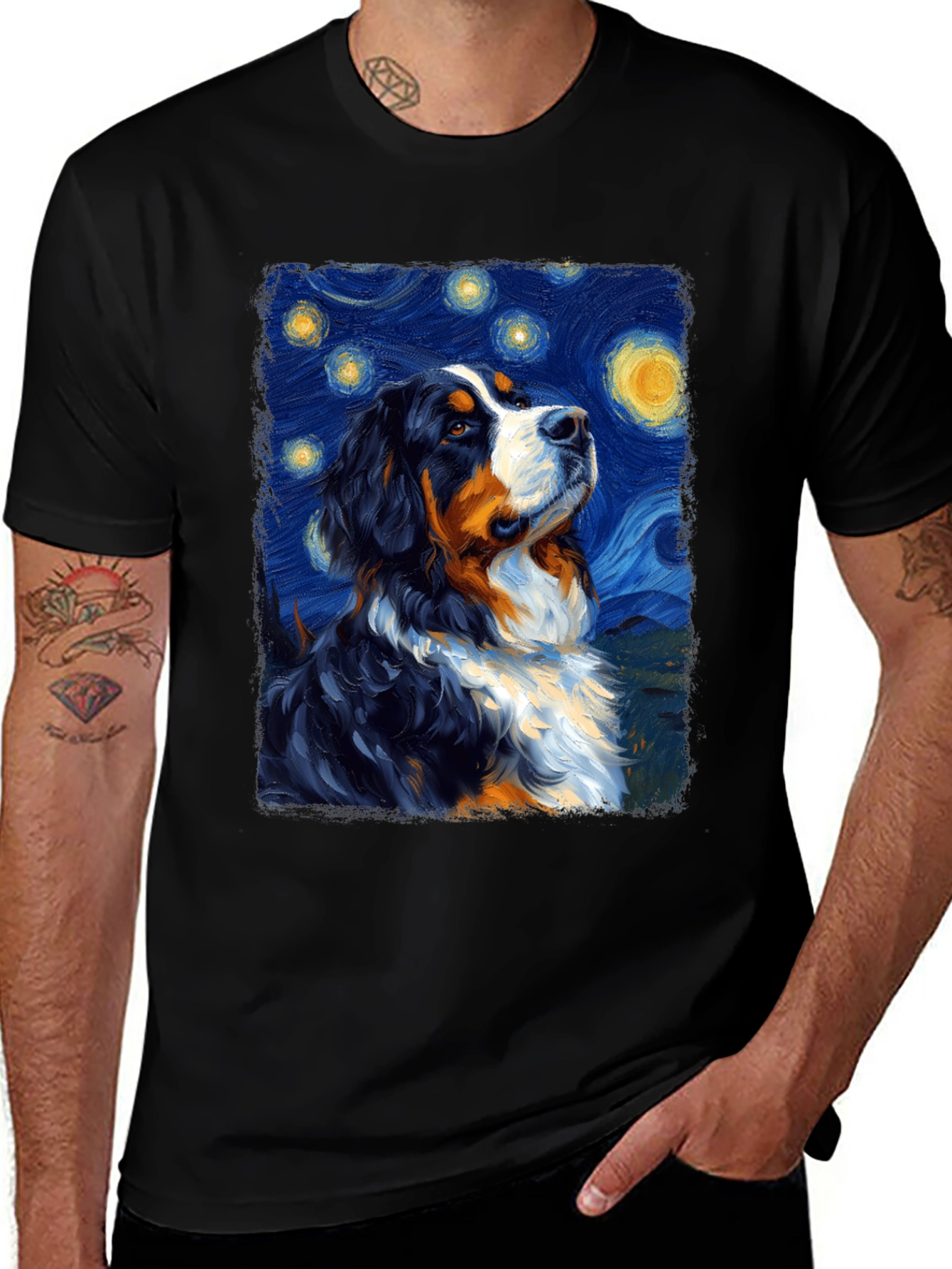 Starry Night Dog T-Shirt - Bernese Mountain Dog Art