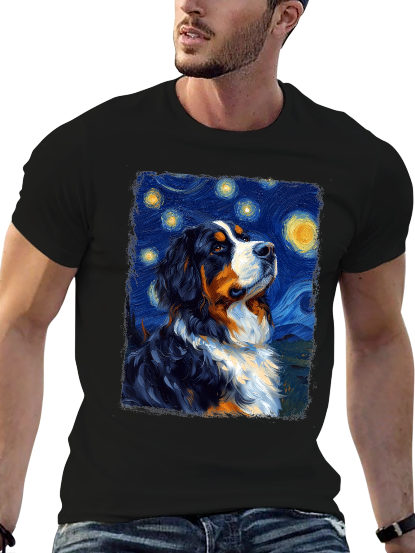 Starry Night Dog T-Shirt - Bernese Mountain Dog Art