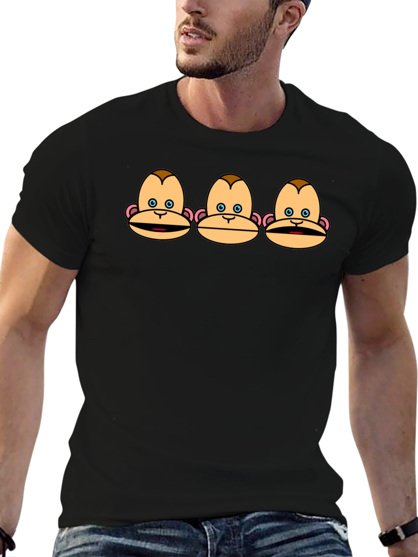 Funny Monkey Faces Graphic Black T-Shirt