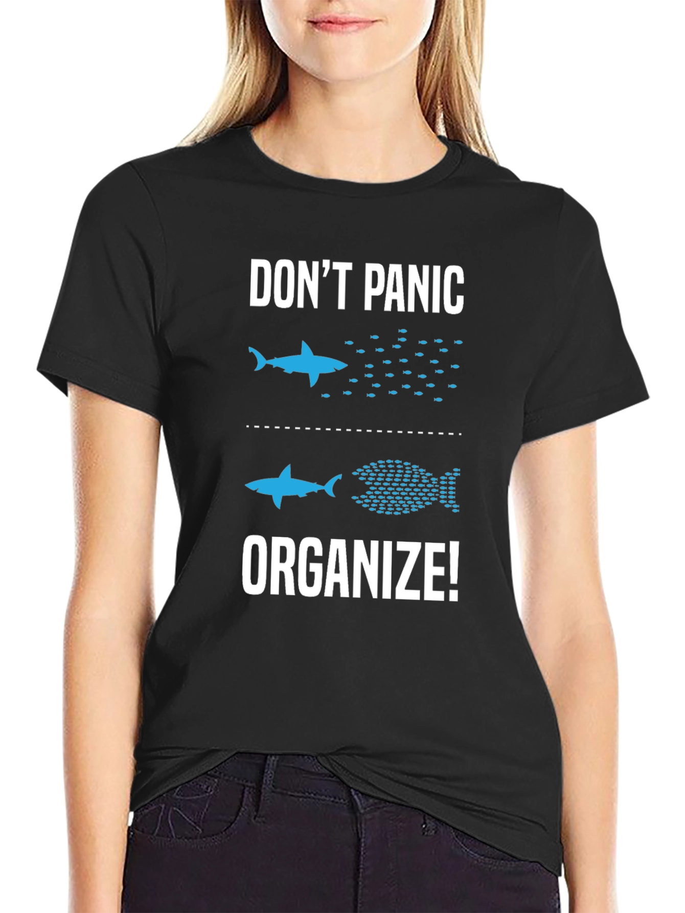 Dont Panic Organize T-Shirt Funny Shark Graphic Tee