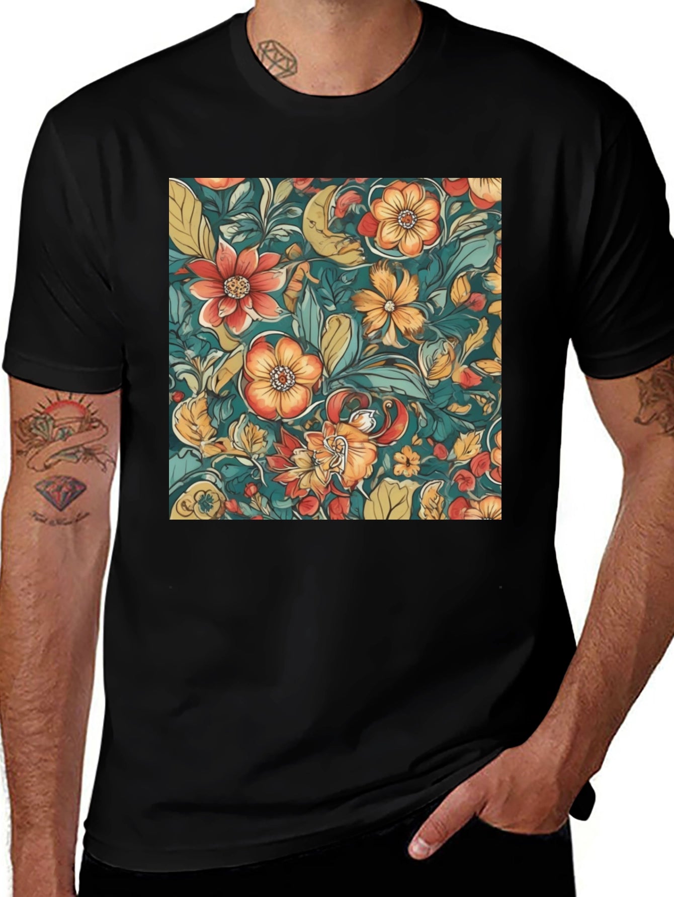 Floral Pattern Black T-Shirt