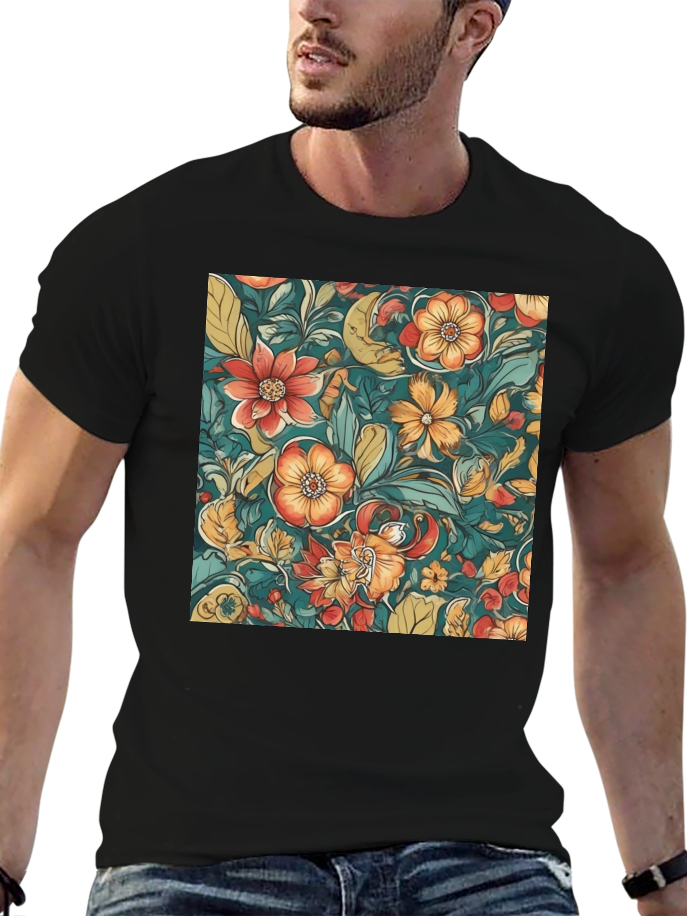 Floral Pattern Black T-Shirt