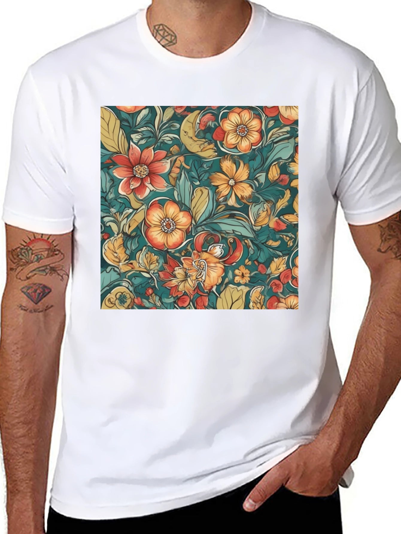 Floral Pattern Black T-Shirt