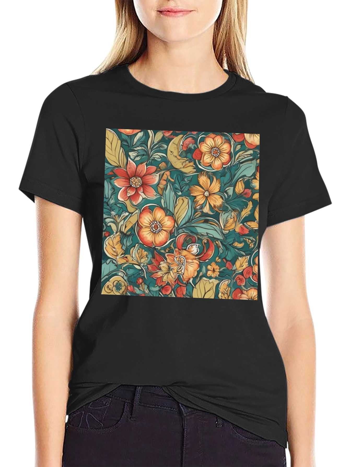 Floral Pattern Black T-Shirt