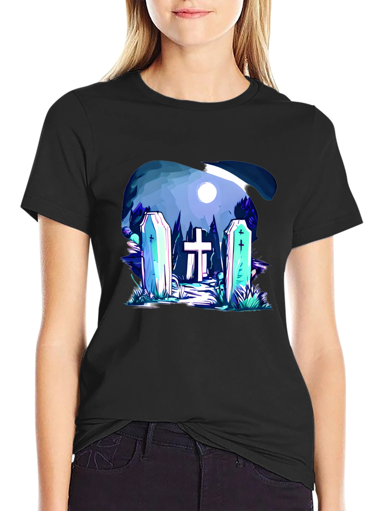 Cemetery Graphic Print Black T-Shirt