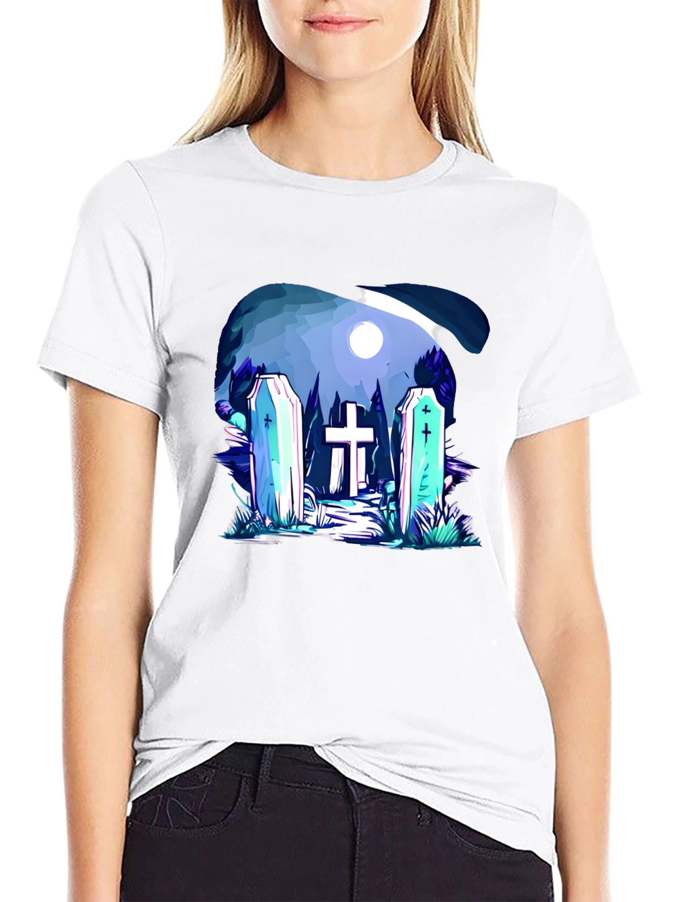 Cemetery Graphic Print Black T-Shirt