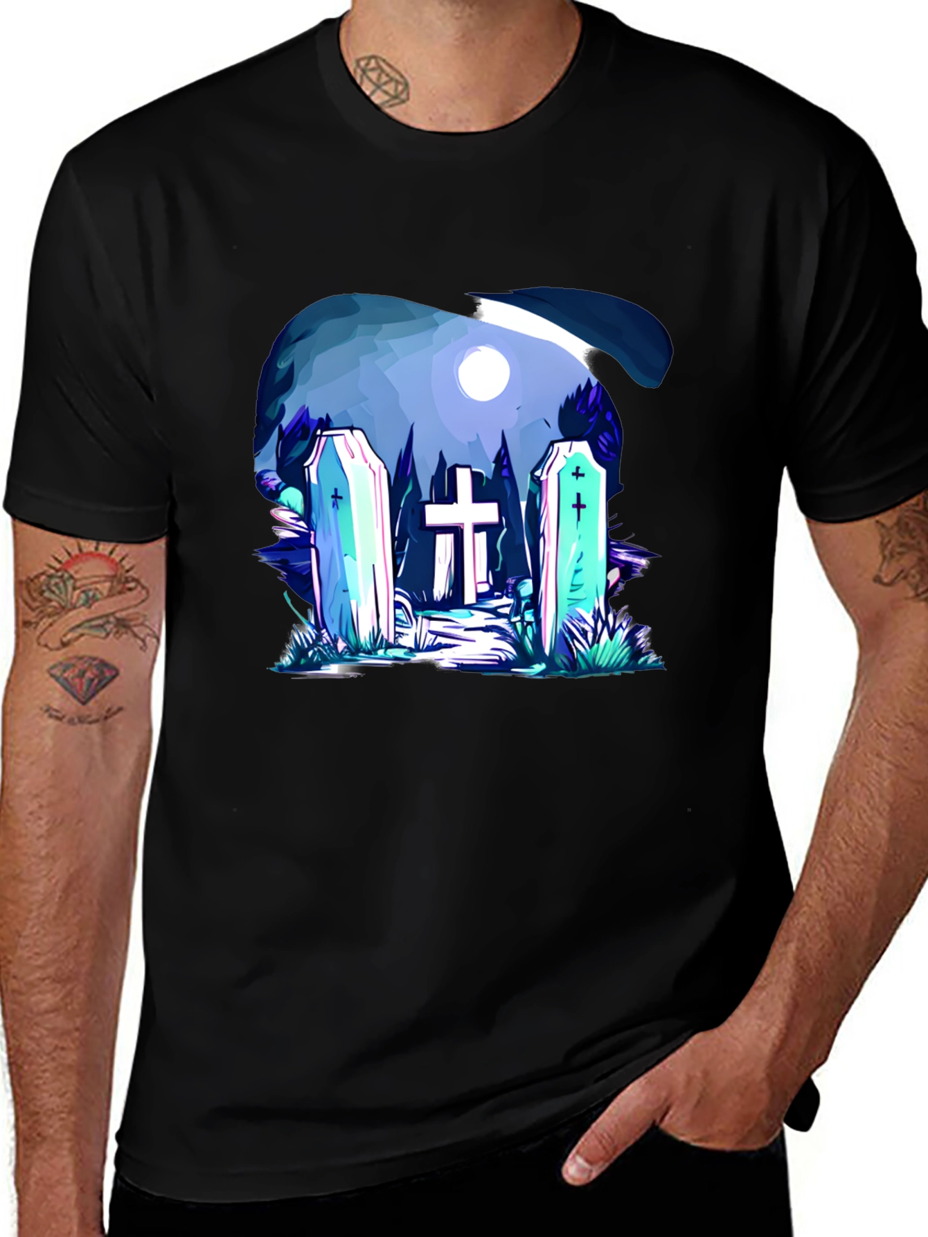 Cemetery Graphic Print Black T-Shirt