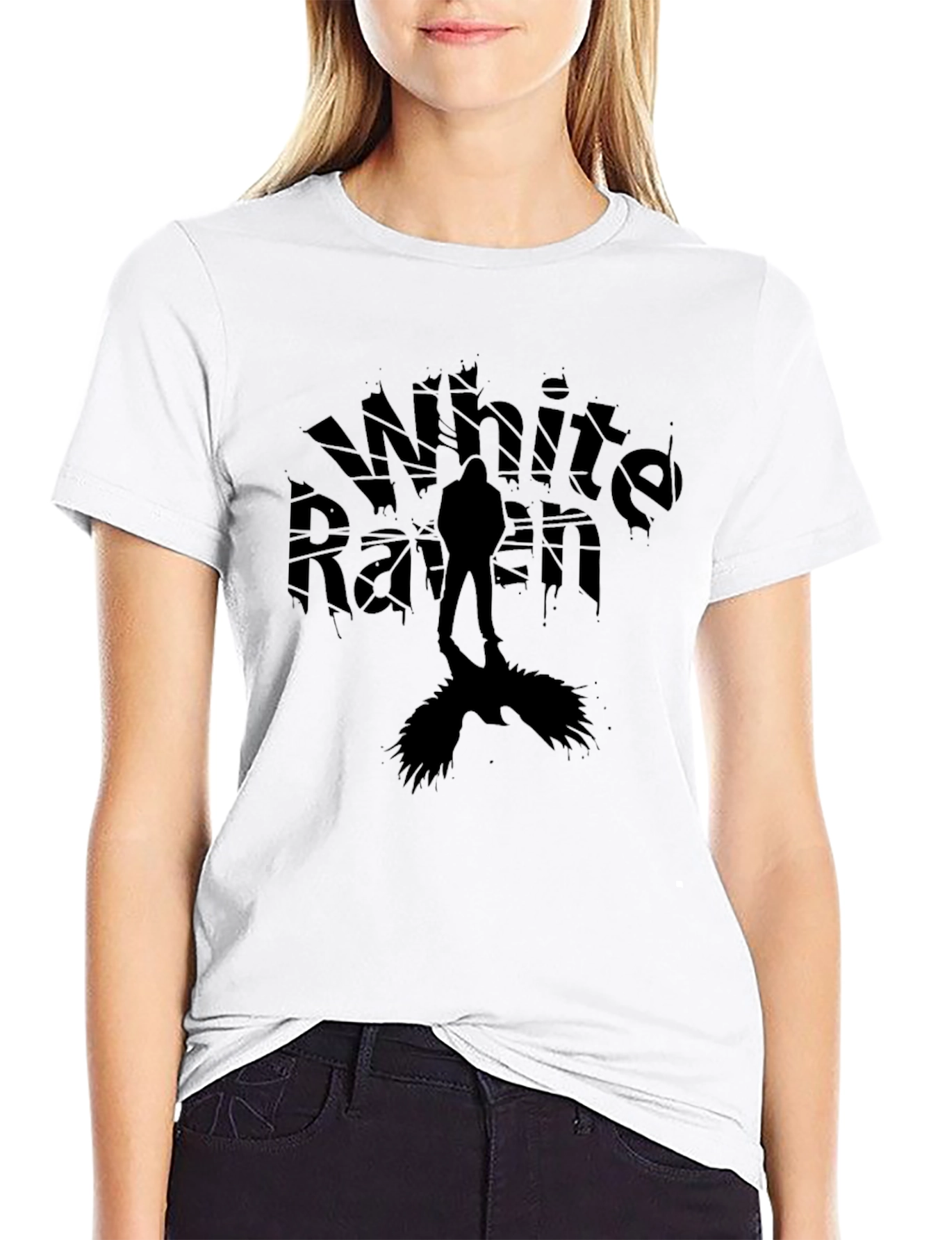 White Raven Graphic Tee - Dark Silhouette Design T-Shirt