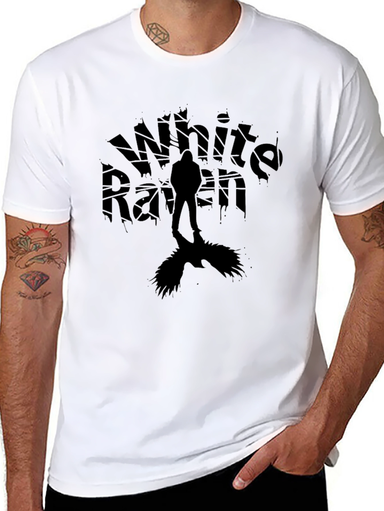 White Raven Graphic Tee - Dark Silhouette Design T-Shirt