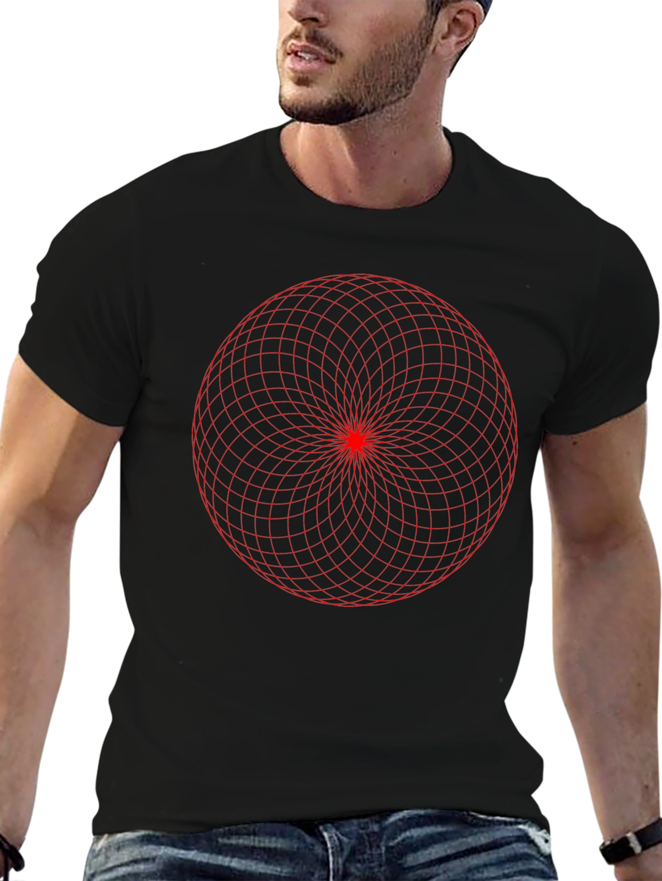 Geometric Grid Design Black T-Shirt