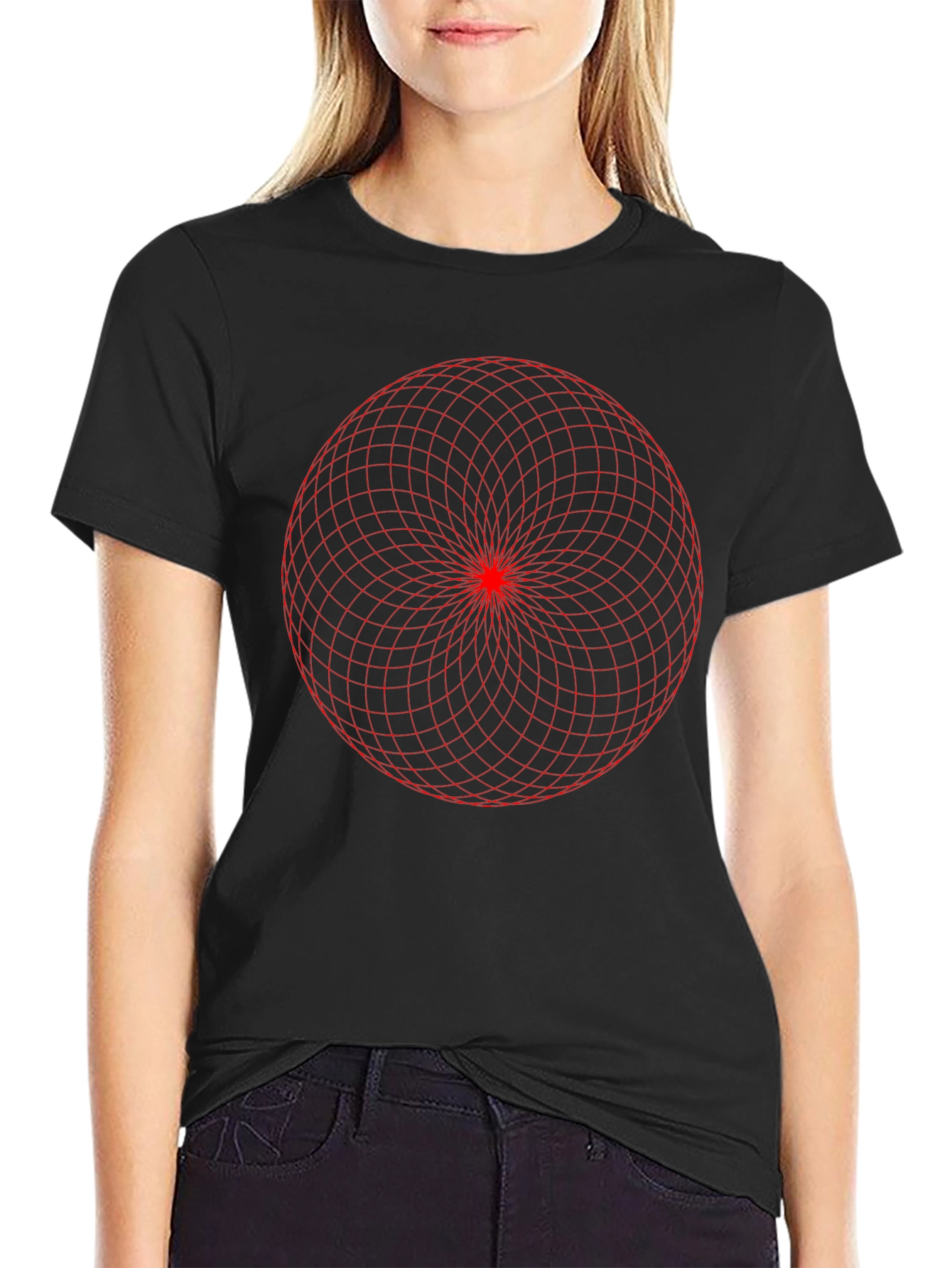 Geometric Grid Design Black T-Shirt