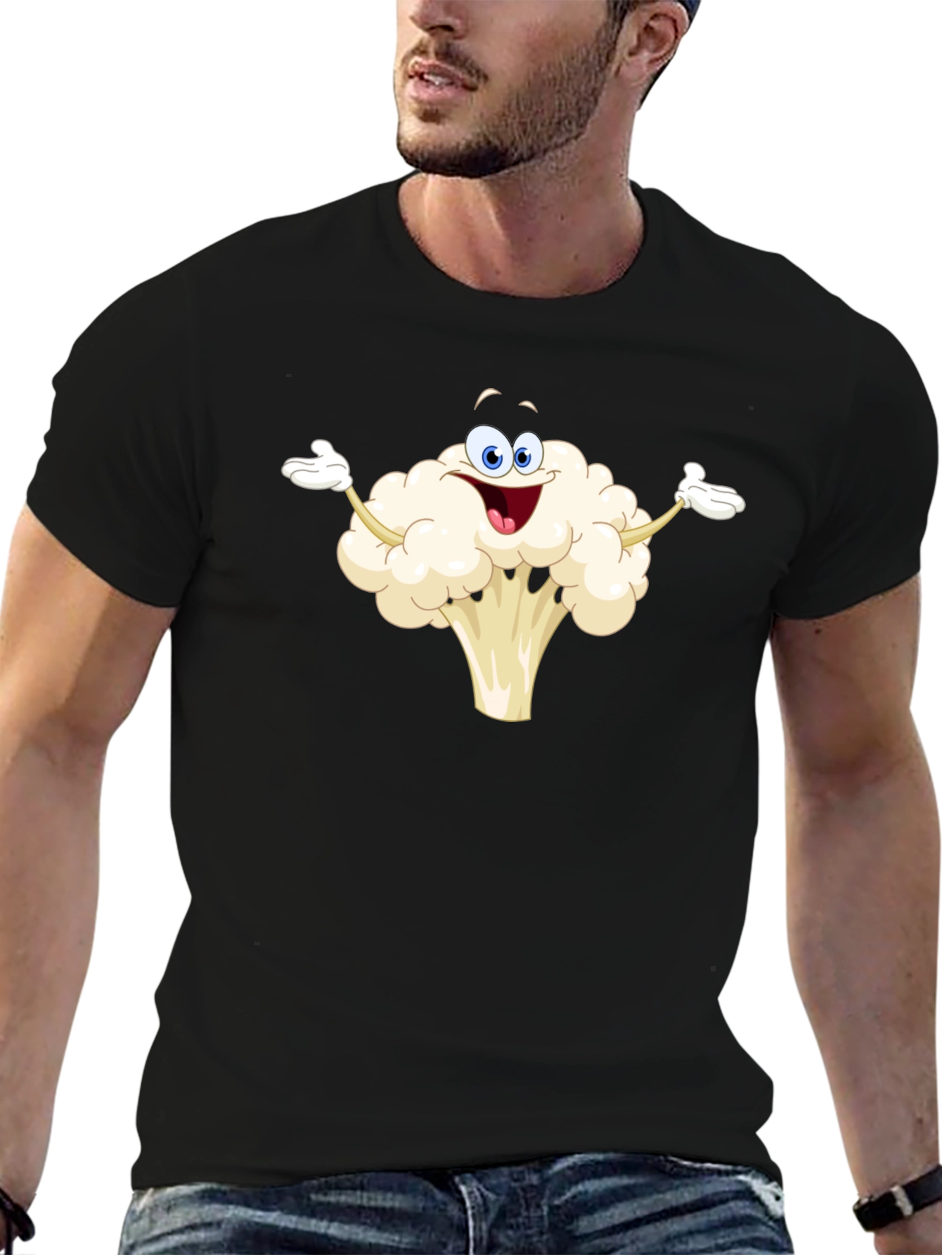 Funny Cauliflower Cartoon Black T-Shirt