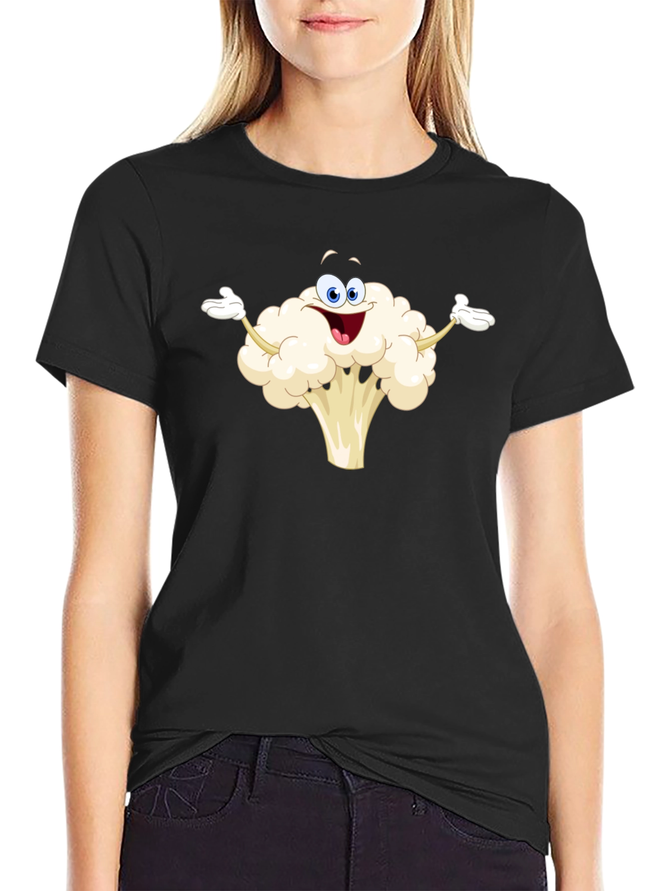 Funny Cauliflower Cartoon Black T-Shirt