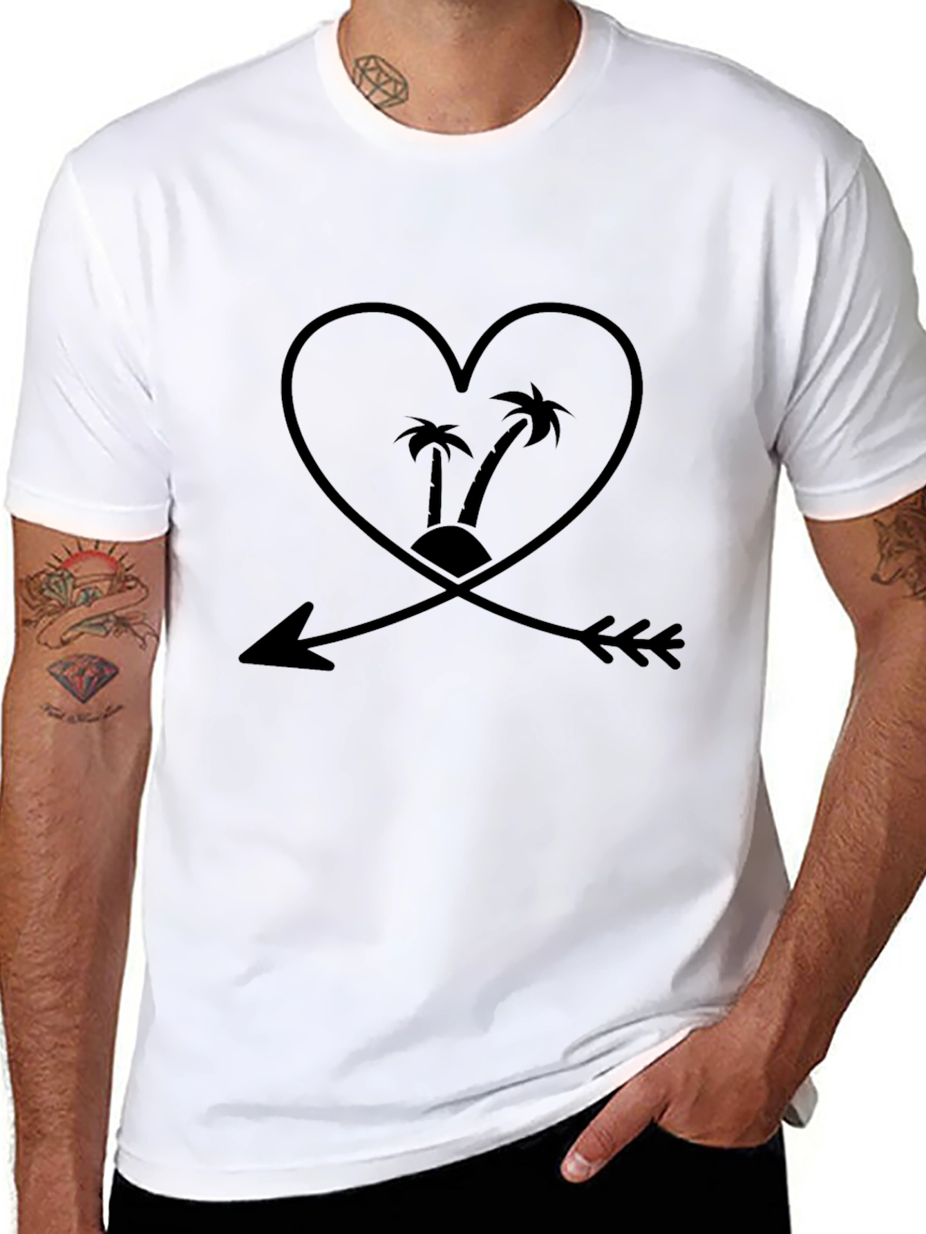 Black T-Shirt with Heart and Arrow Palm Tree Graphic