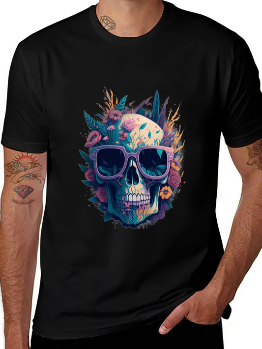 Floral Skull T-Shirt with Sunglasses - Unique Design
