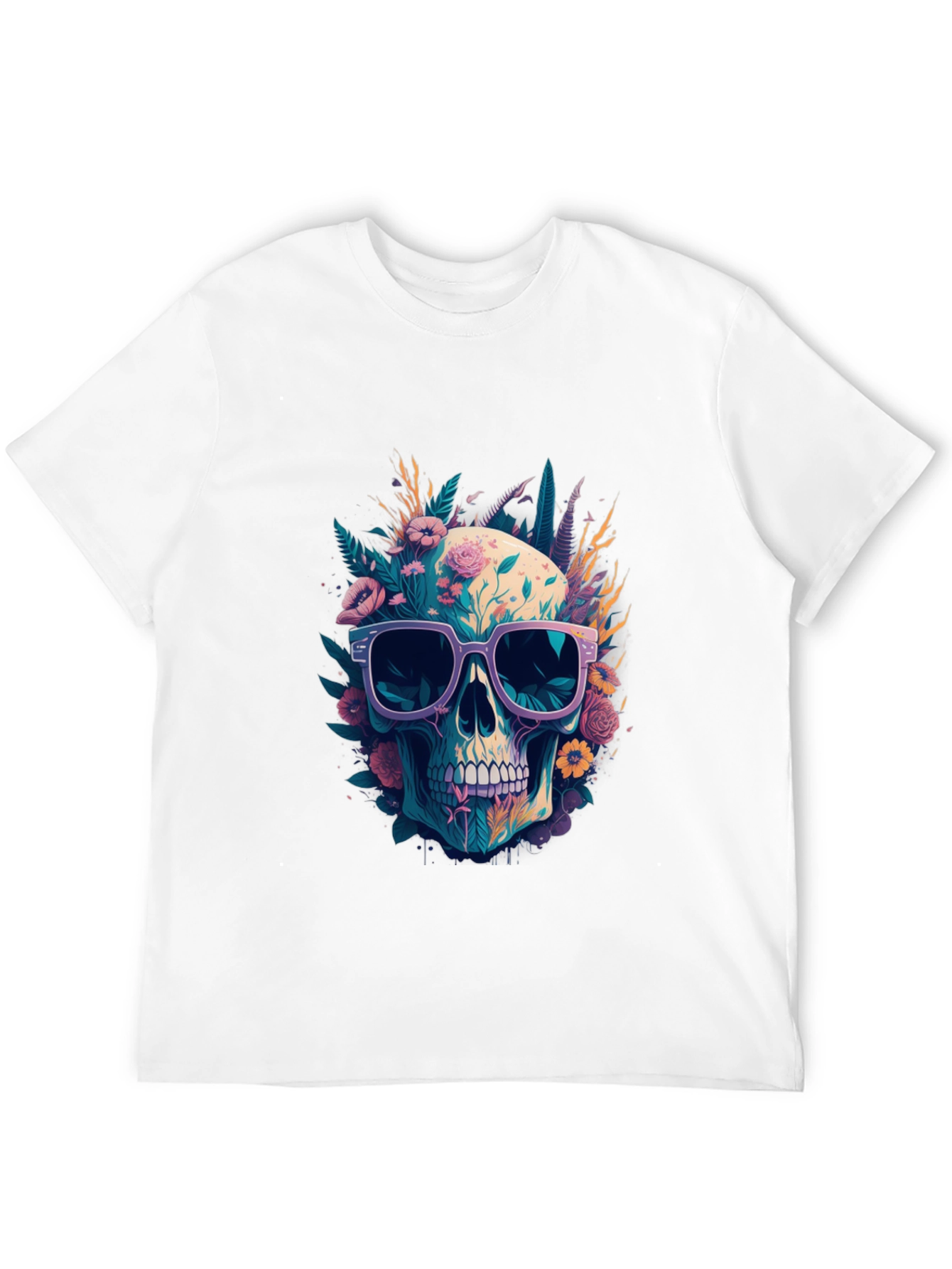 Floral Skull T-Shirt with Sunglasses - Unique Design