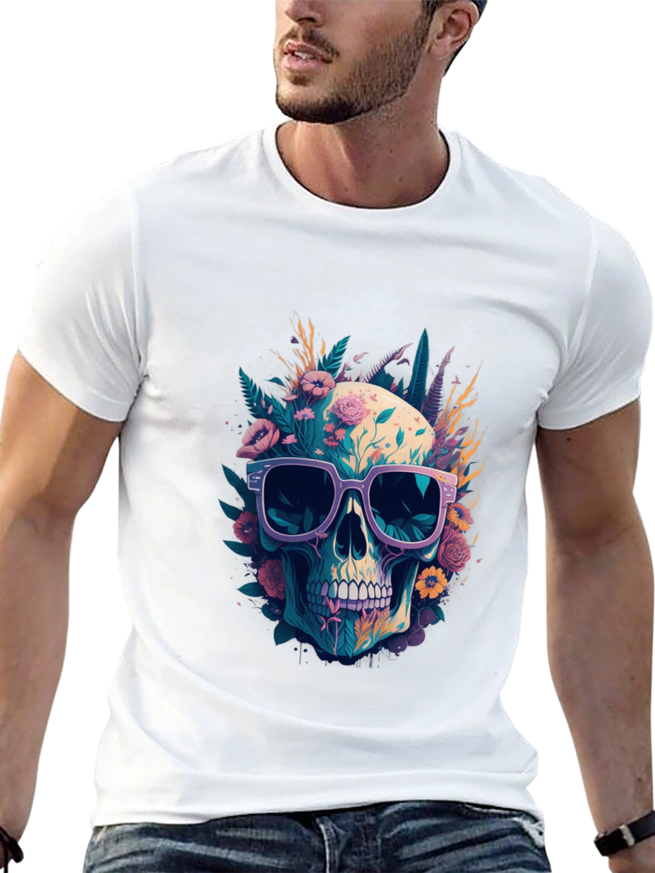 Floral Skull T-Shirt with Sunglasses - Unique Design