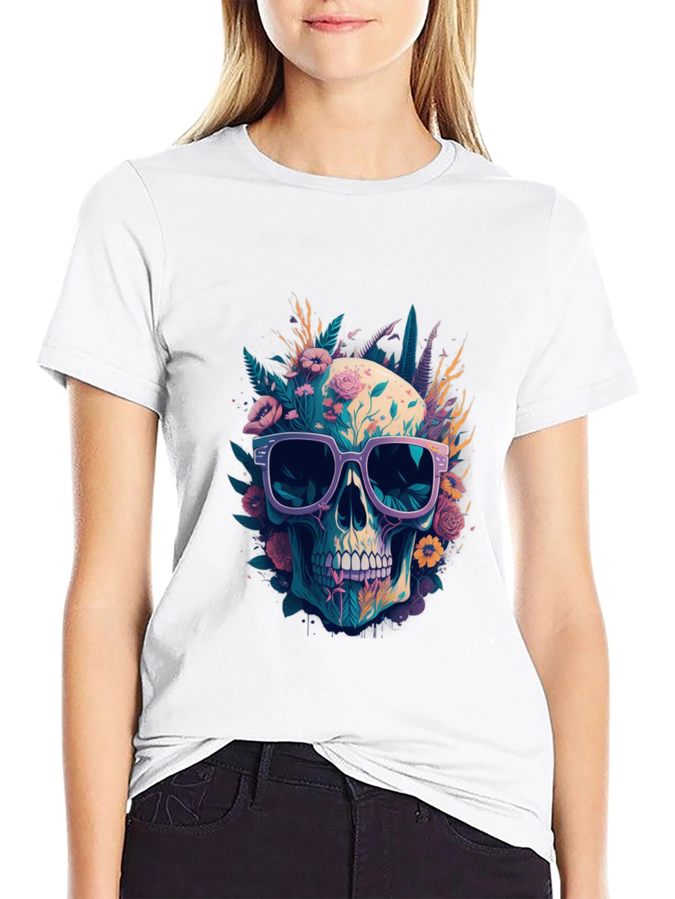 Floral Skull T-Shirt with Sunglasses - Unique Design