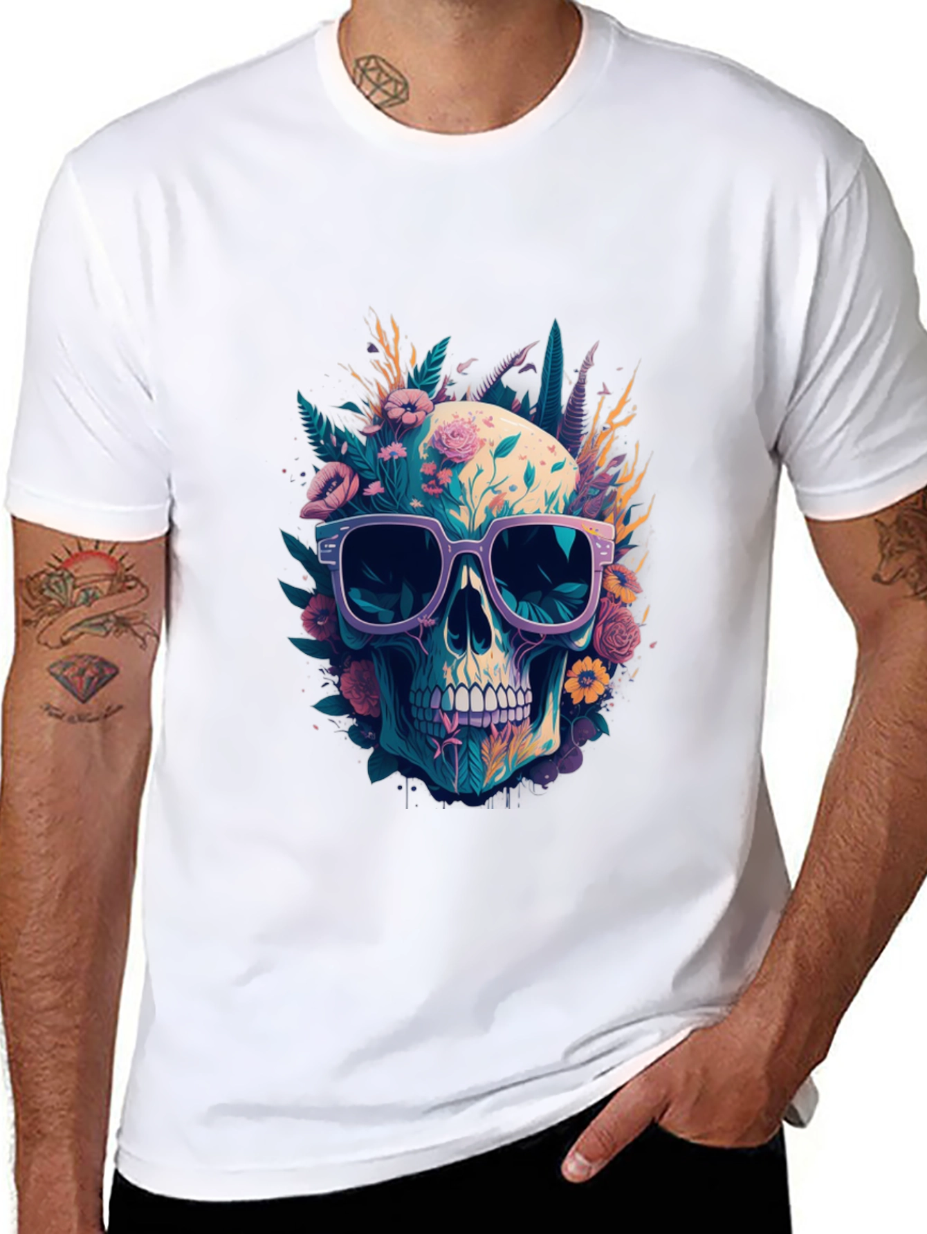 Floral Skull T-Shirt with Sunglasses - Unique Design