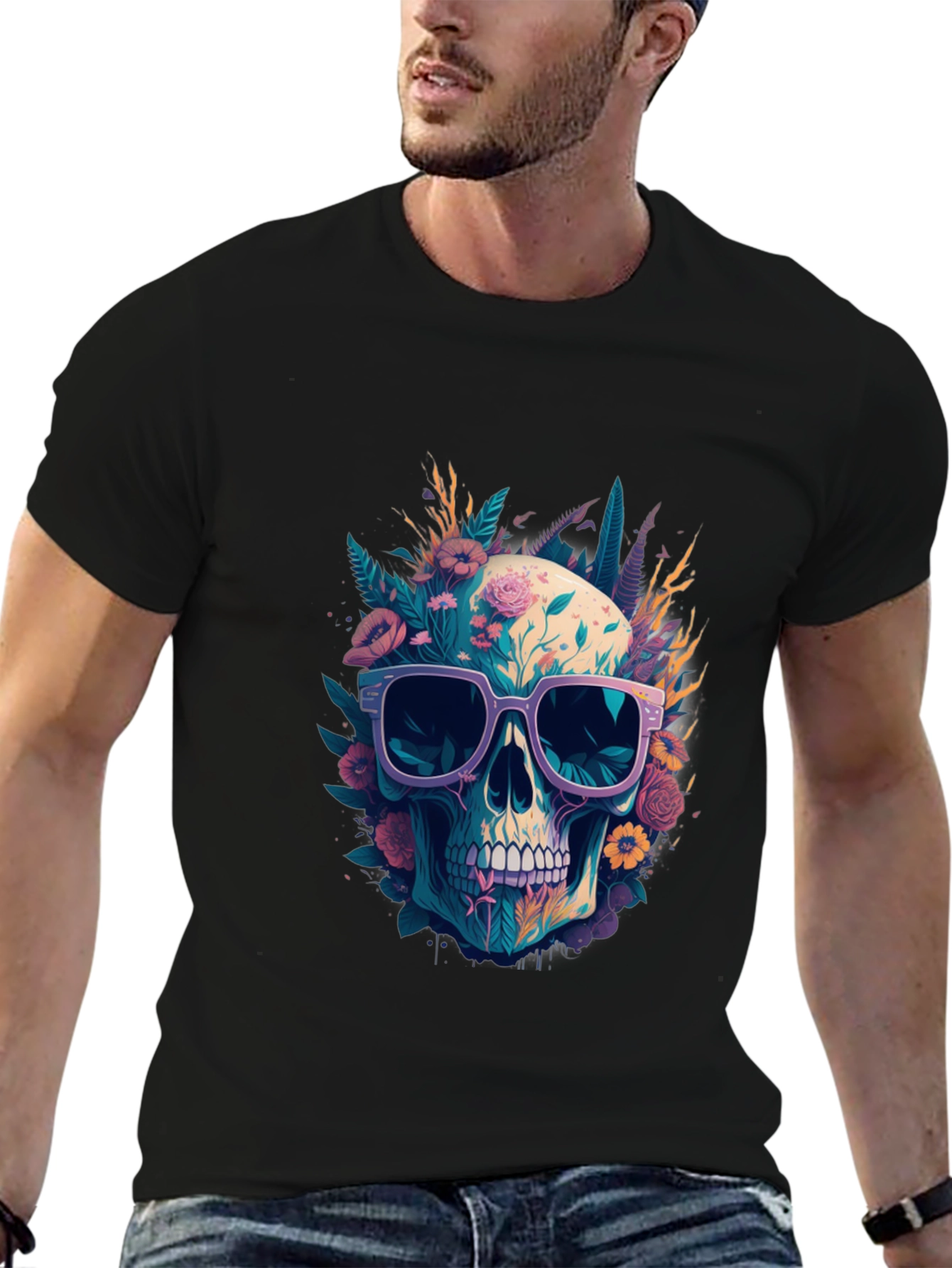 Floral Skull T-Shirt with Sunglasses - Unique Design