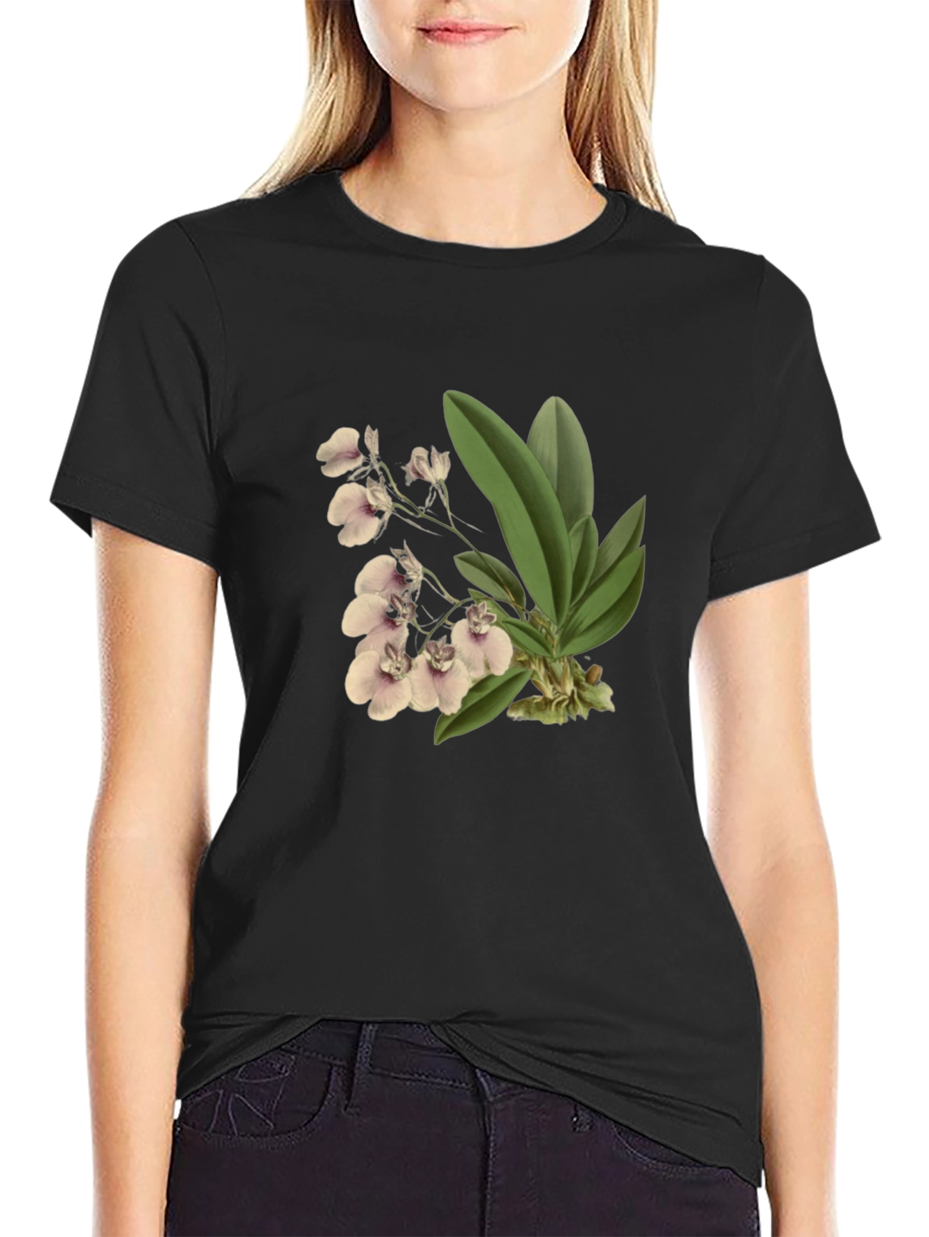 Floral Orchid Graphic Black T-Shirt