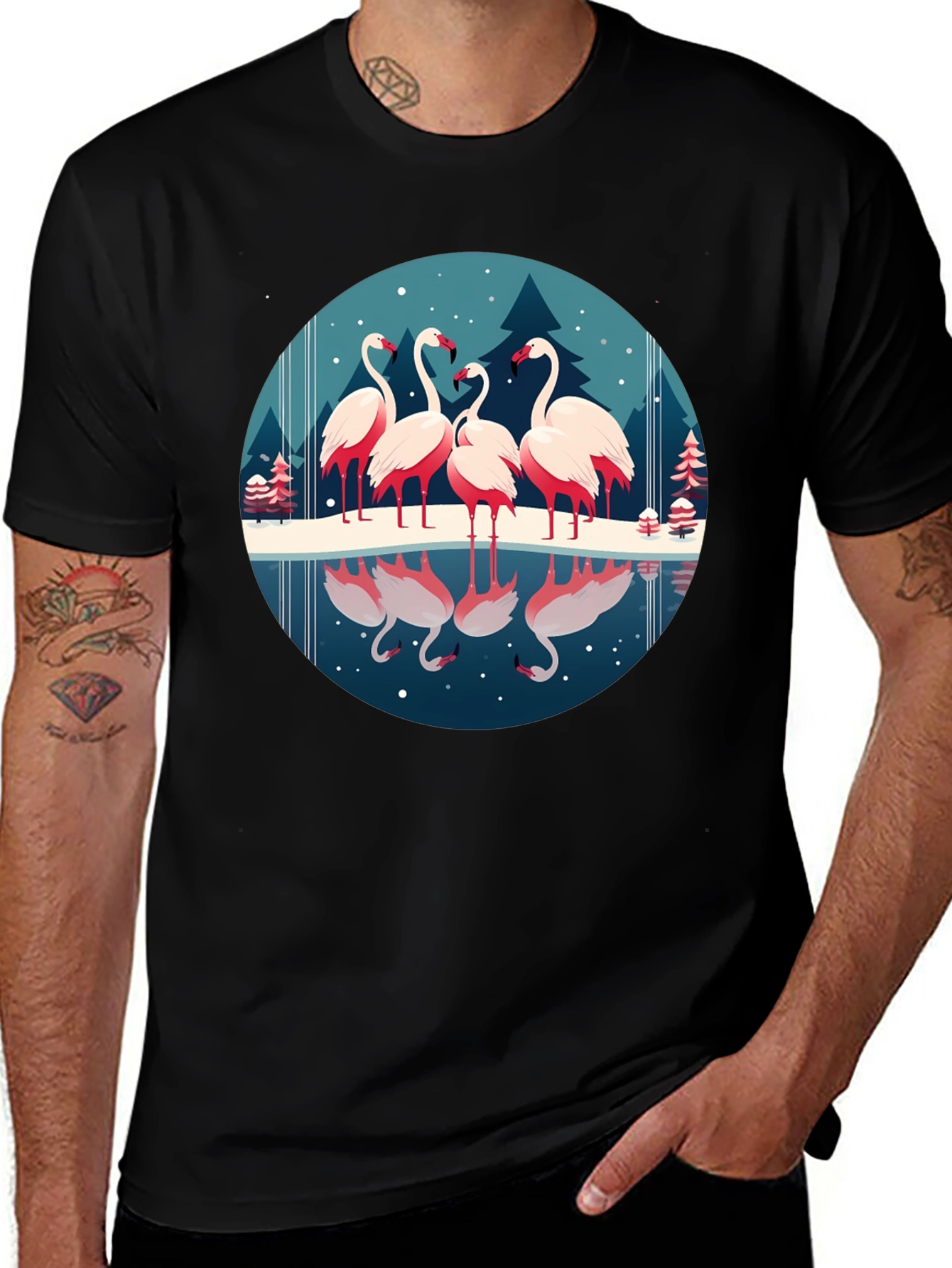 Flamingo Winter Scene Graphic Tee - Soft Black Shirt