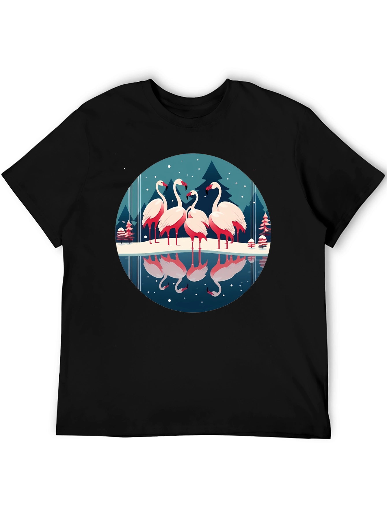 Flamingo Winter Scene Graphic Tee - Soft Black Shirt