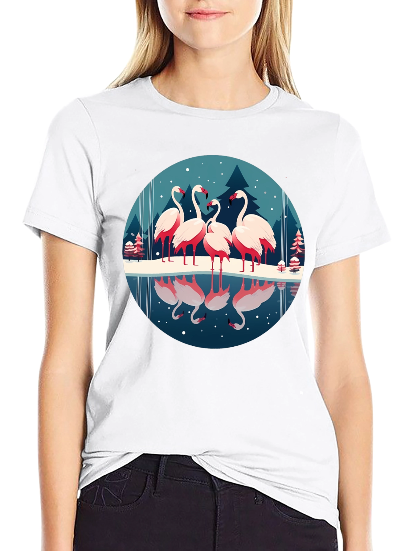 Flamingo Winter Scene Graphic Tee - Soft Black Shirt