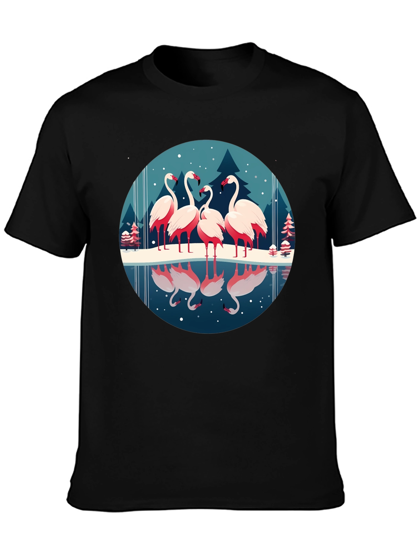 Flamingo Winter Scene Graphic Tee - Soft Black Shirt