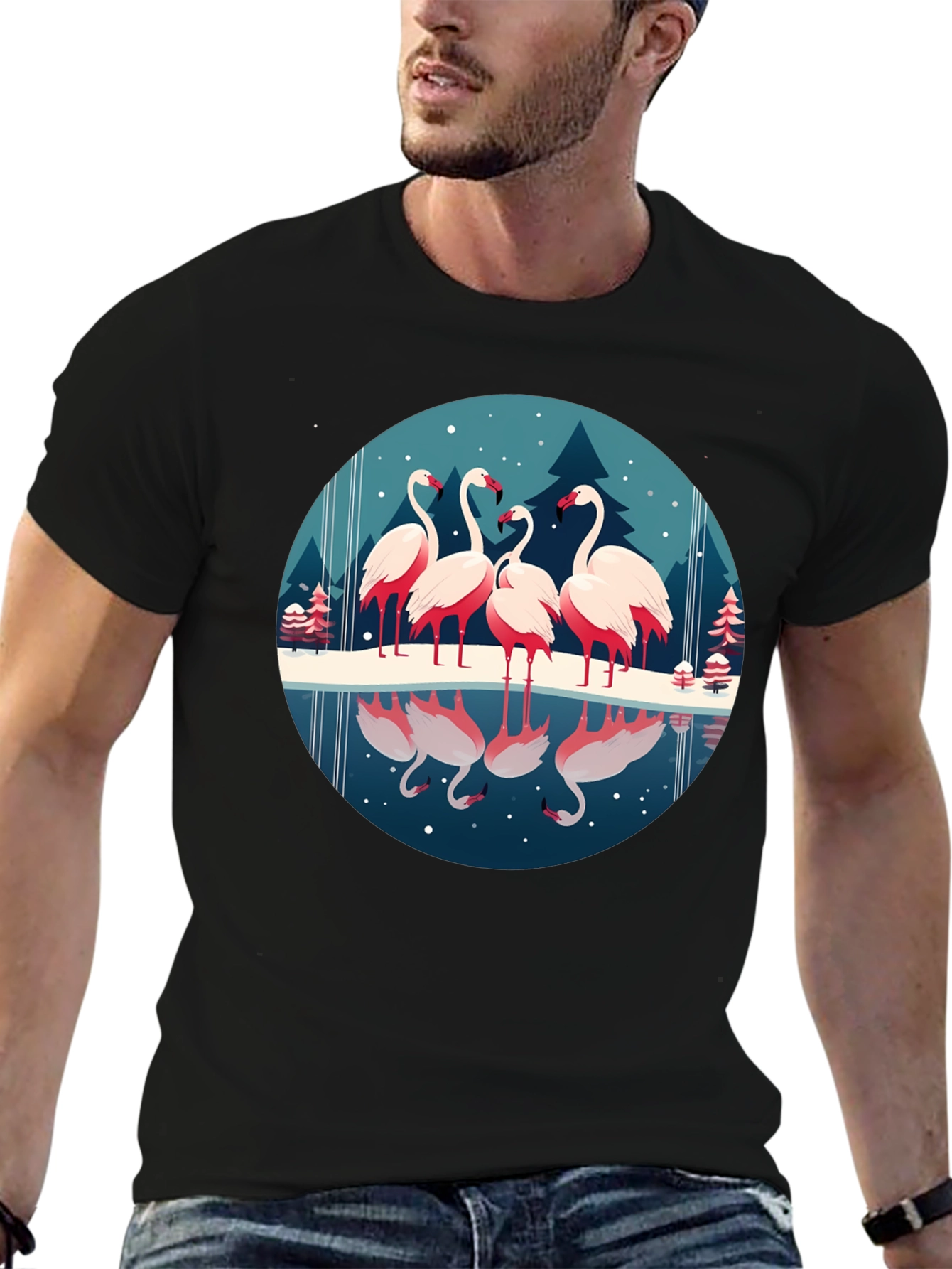 Flamingo Winter Scene Graphic Tee - Soft Black Shirt