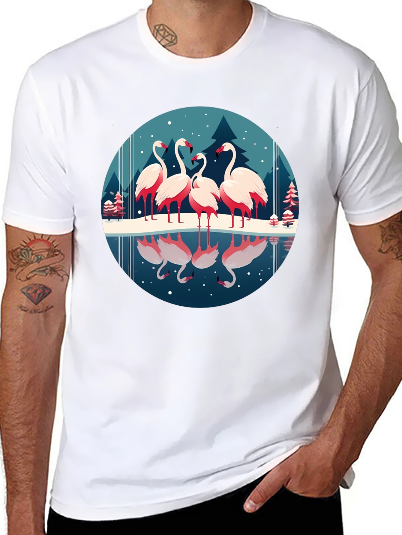 Flamingo Winter Scene Graphic Tee - Soft Black Shirt
