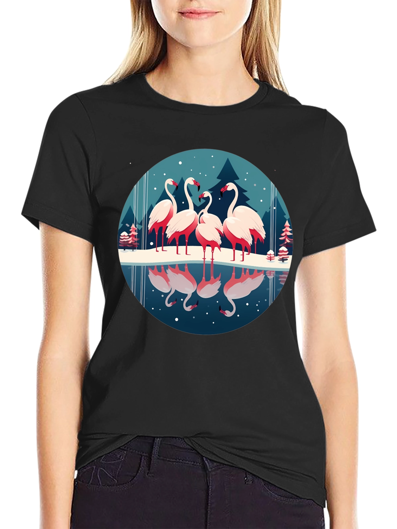 Flamingo Winter Scene Graphic Tee - Soft Black Shirt