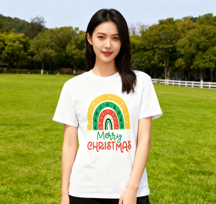Merry Christmas Rainbow Graphic T-Shirt - 100% Cotton, Festive Tee for Holiday Celebrations & Casual Daily Wear