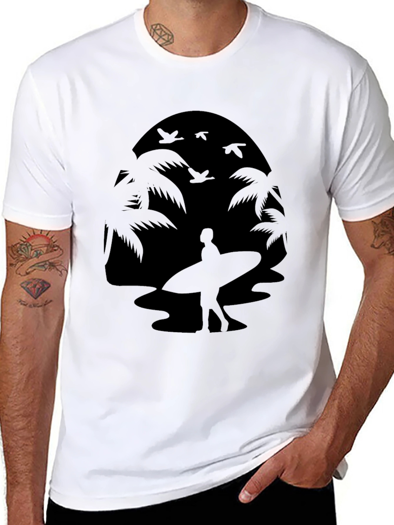 Silhouette Surfer Tee - Palm Tree Beach Design