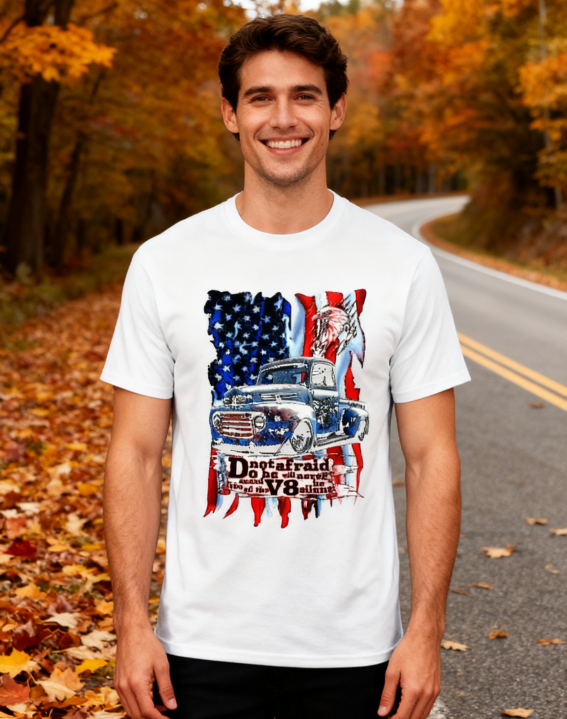 American Vintage Truck & USA Flag T-Shirt - 100% Cotton, Retro Auto Enthusiast Tee for Daily & Outdoor Occasions