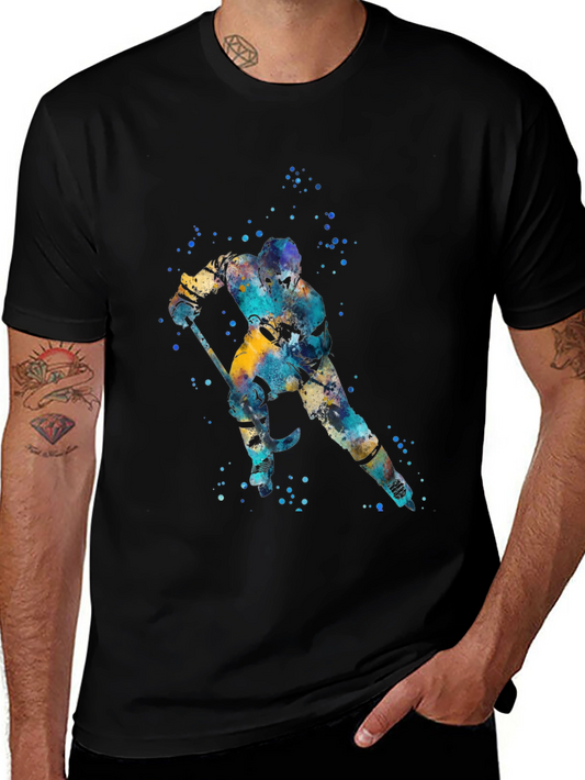 Watercolor Hockey Player Black T-Shirt