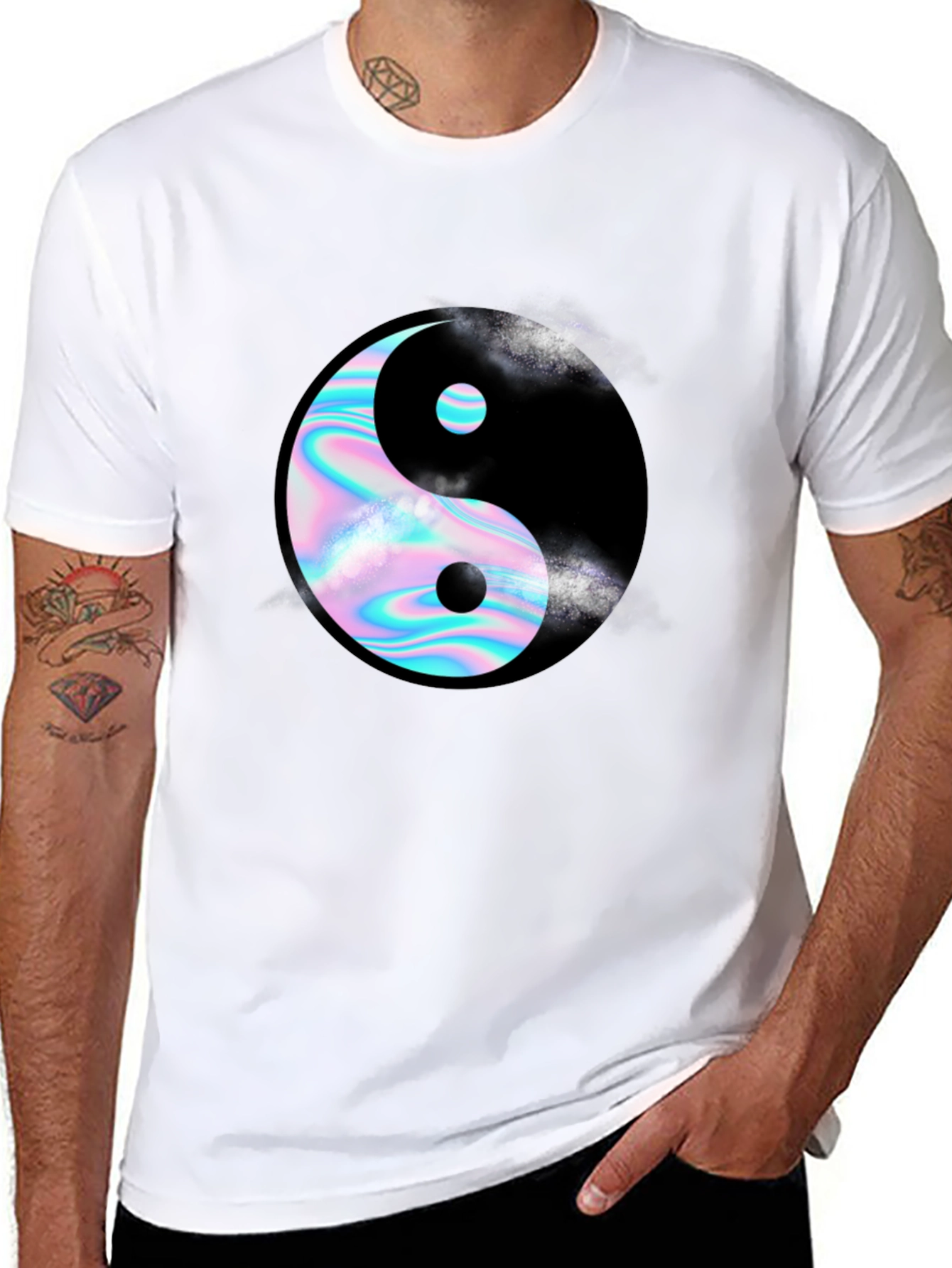 Yin Yang T-Shirt: Holographic Design Black Tee
