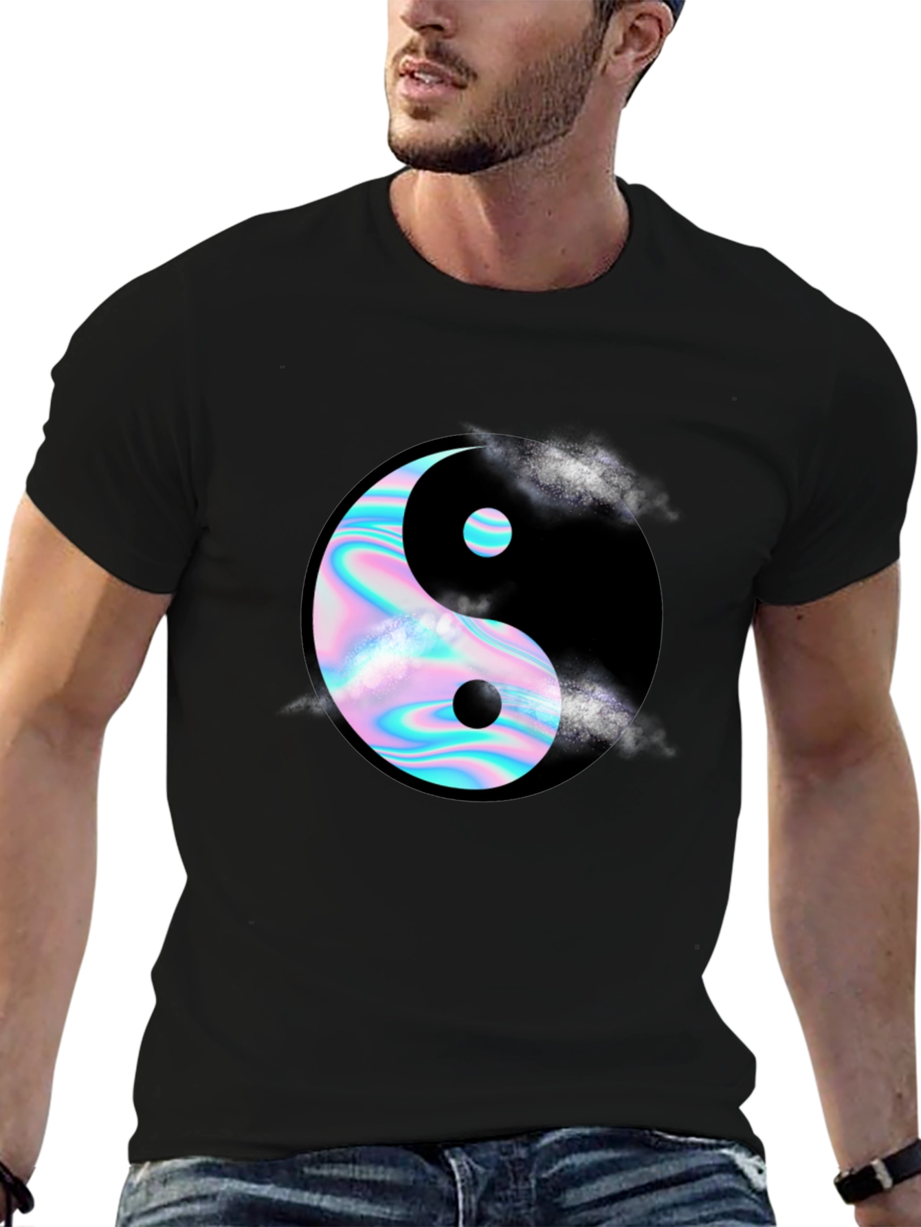 Yin Yang T-Shirt: Holographic Design Black Tee