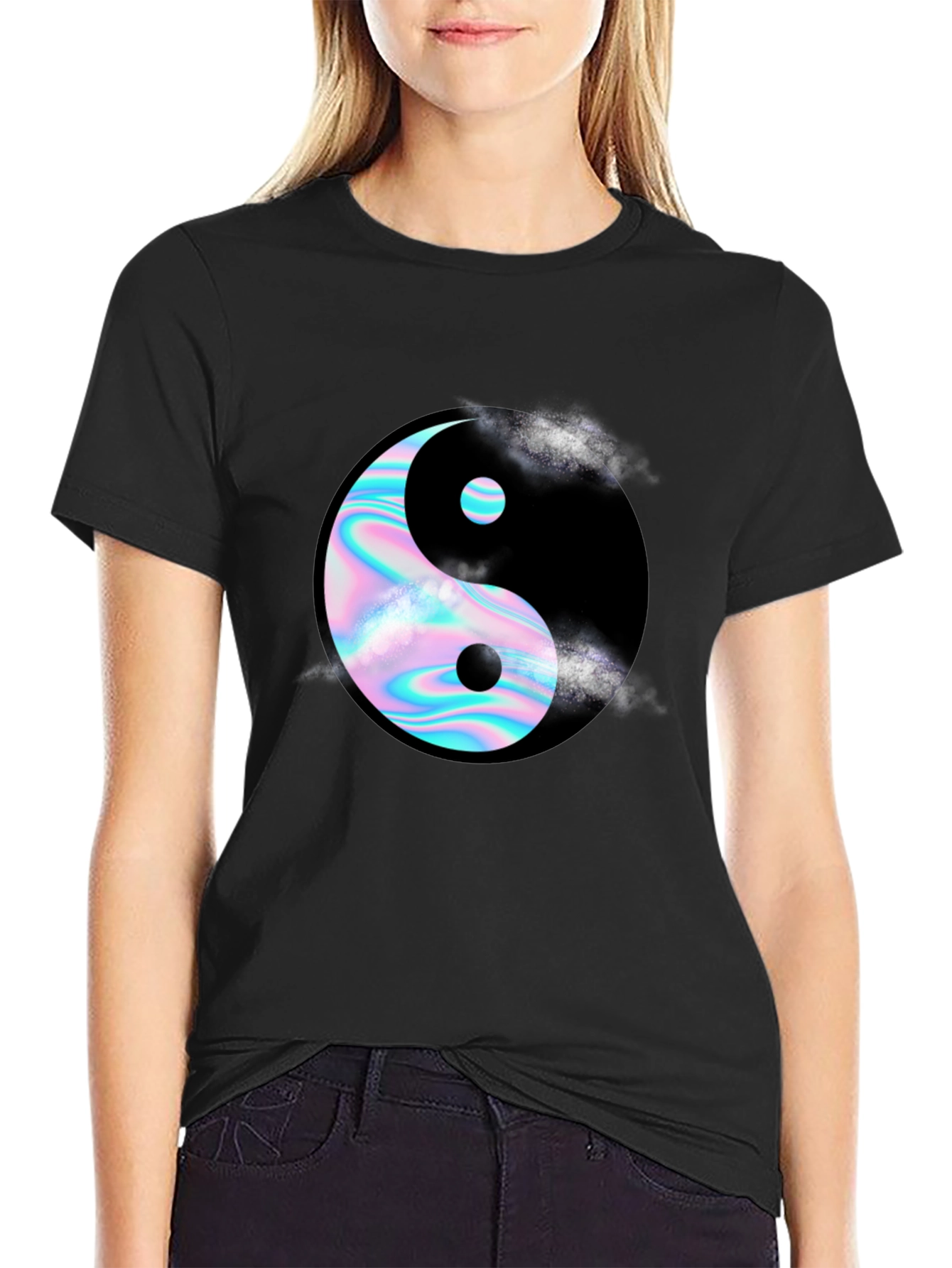 Yin Yang T-Shirt: Holographic Design Black Tee
