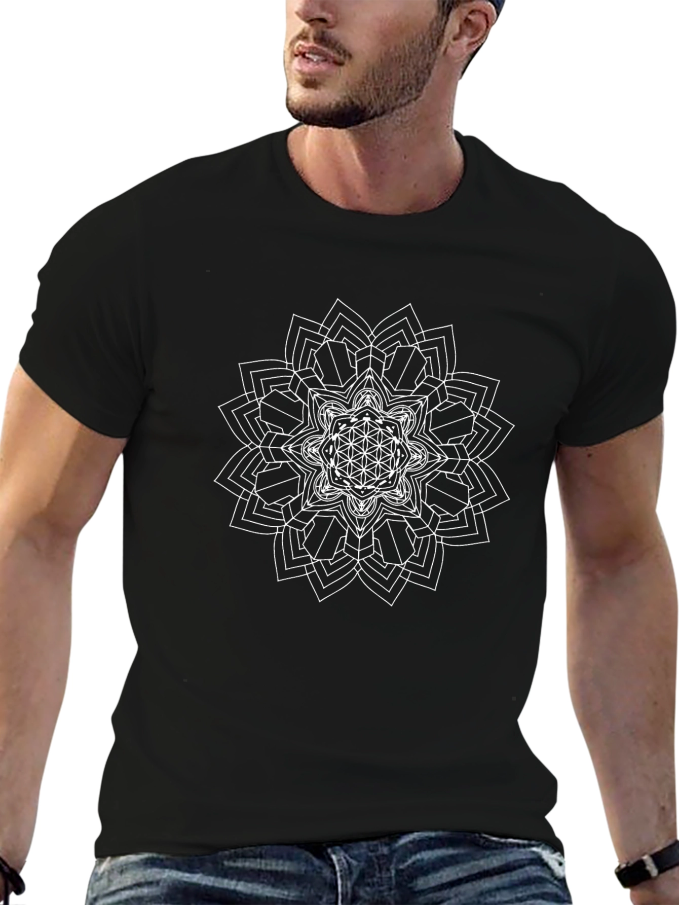 Geometric Mandala Graphic Tee - Black Cotton Blend