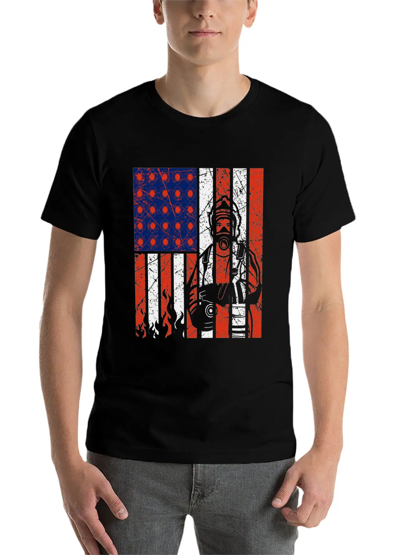 Firefighter With American Flag Unisex Casual T-Shirt – Clean Design For Daily Comfort