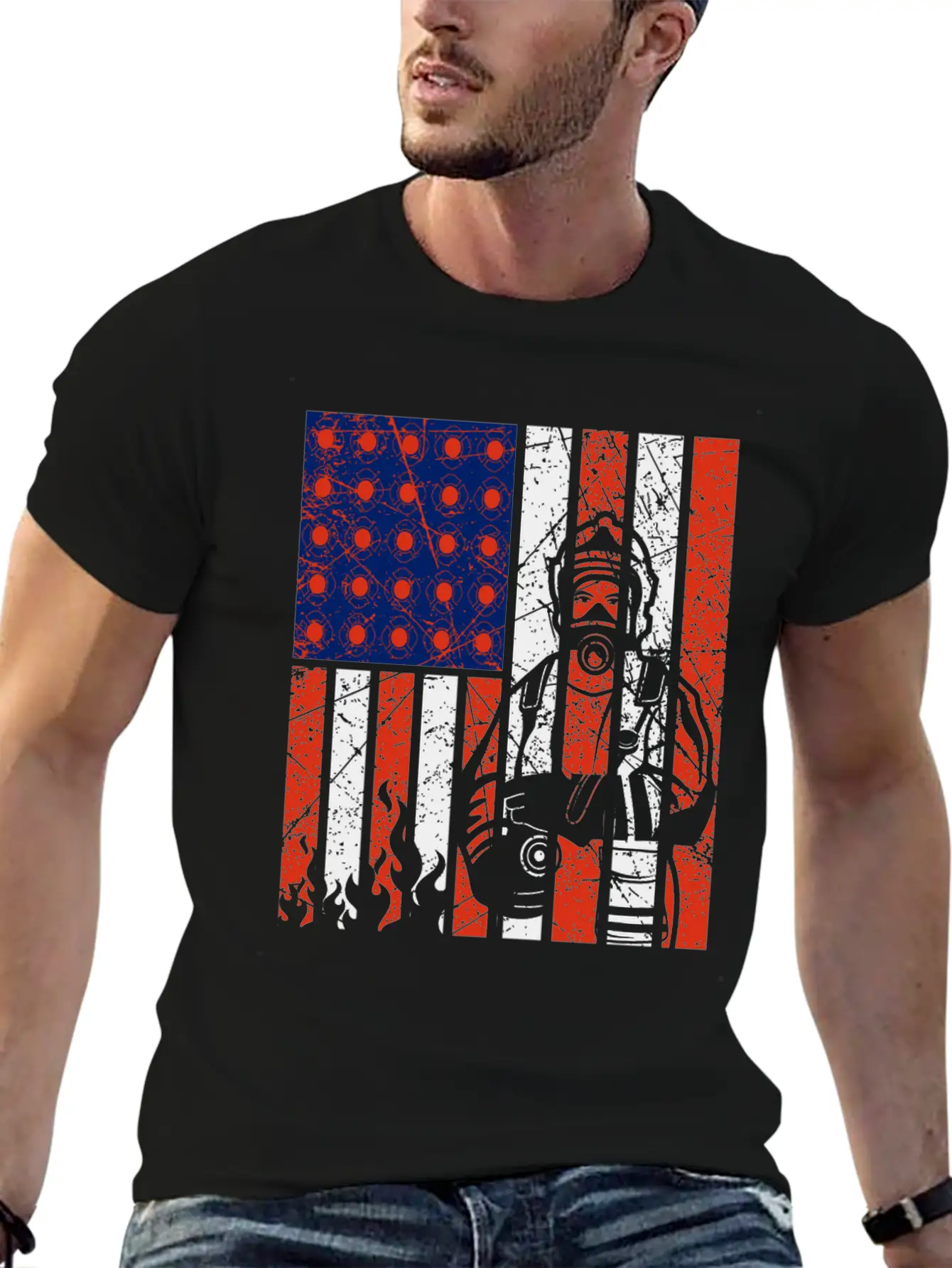 Firefighter With American Flag Unisex Casual T-Shirt – Clean Design For Daily Comfort