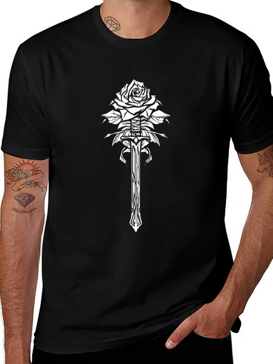 Rose and Sword Graphic Tee - Black Cotton Blend T-Shirt