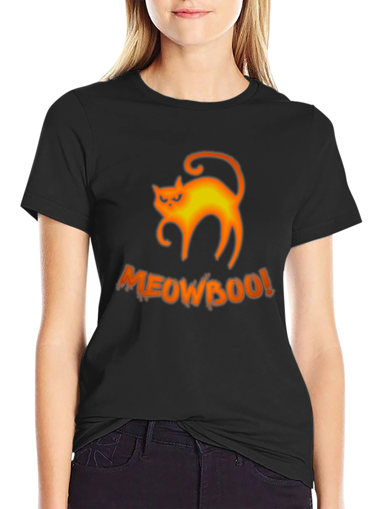Halloween MeowBoo Cat Graphic Black T-Shirt