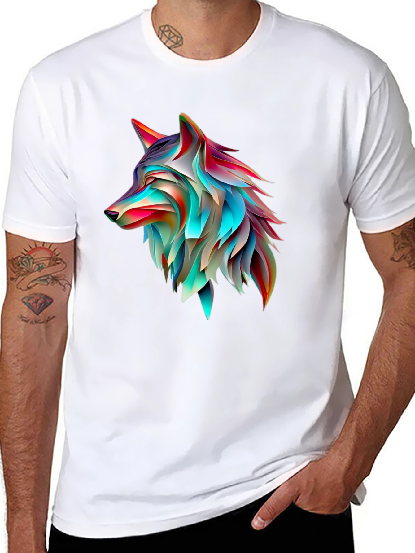 Abstract Wolf Graphic Print Black T-Shirt
