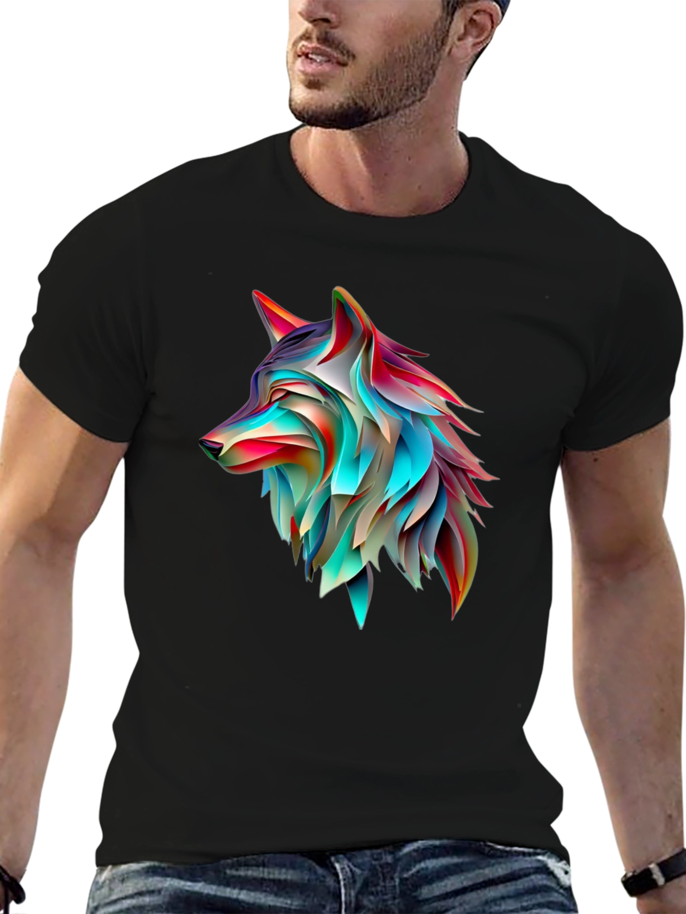 Abstract Wolf Graphic Print Black T-Shirt