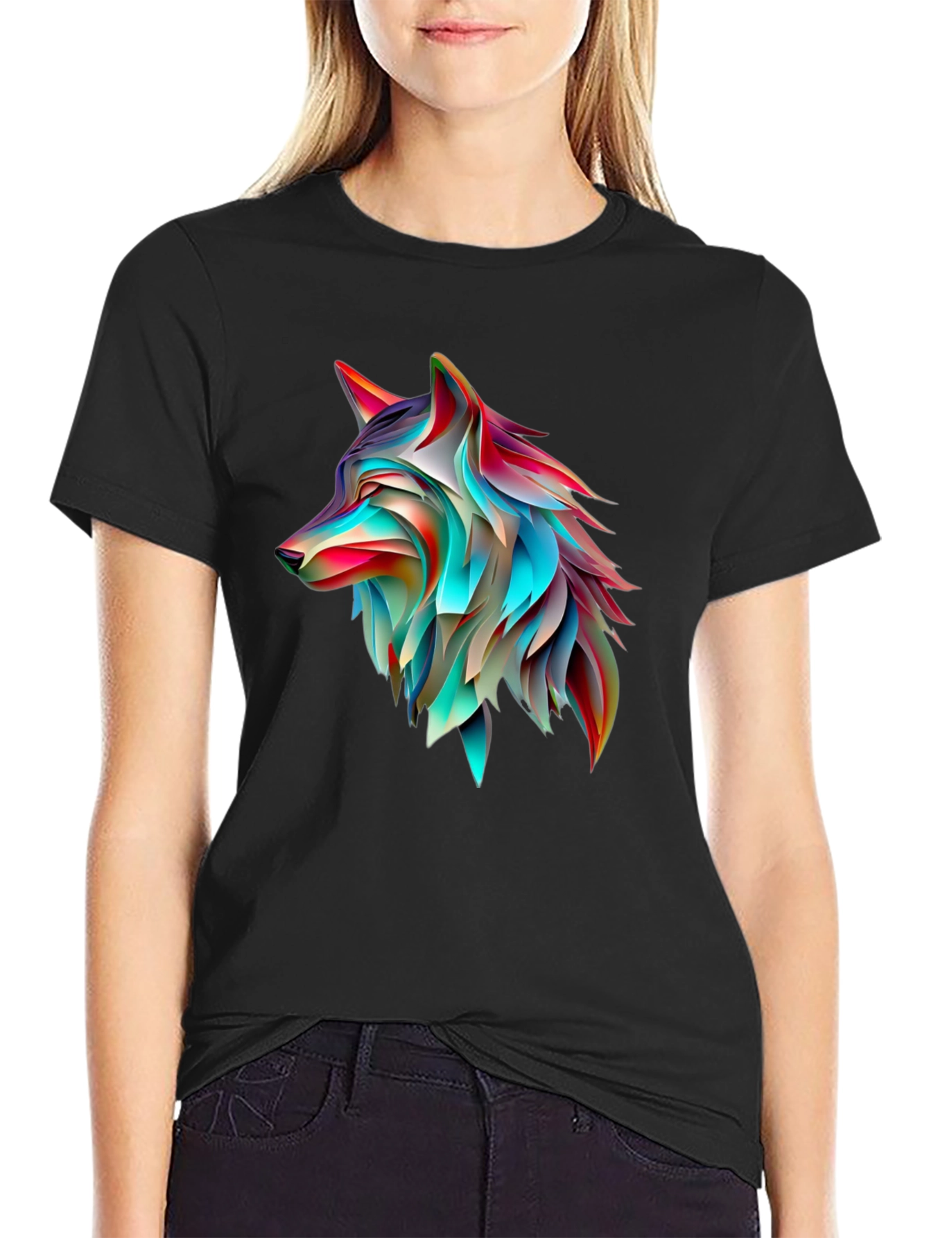 Abstract Wolf Graphic Print Black T-Shirt