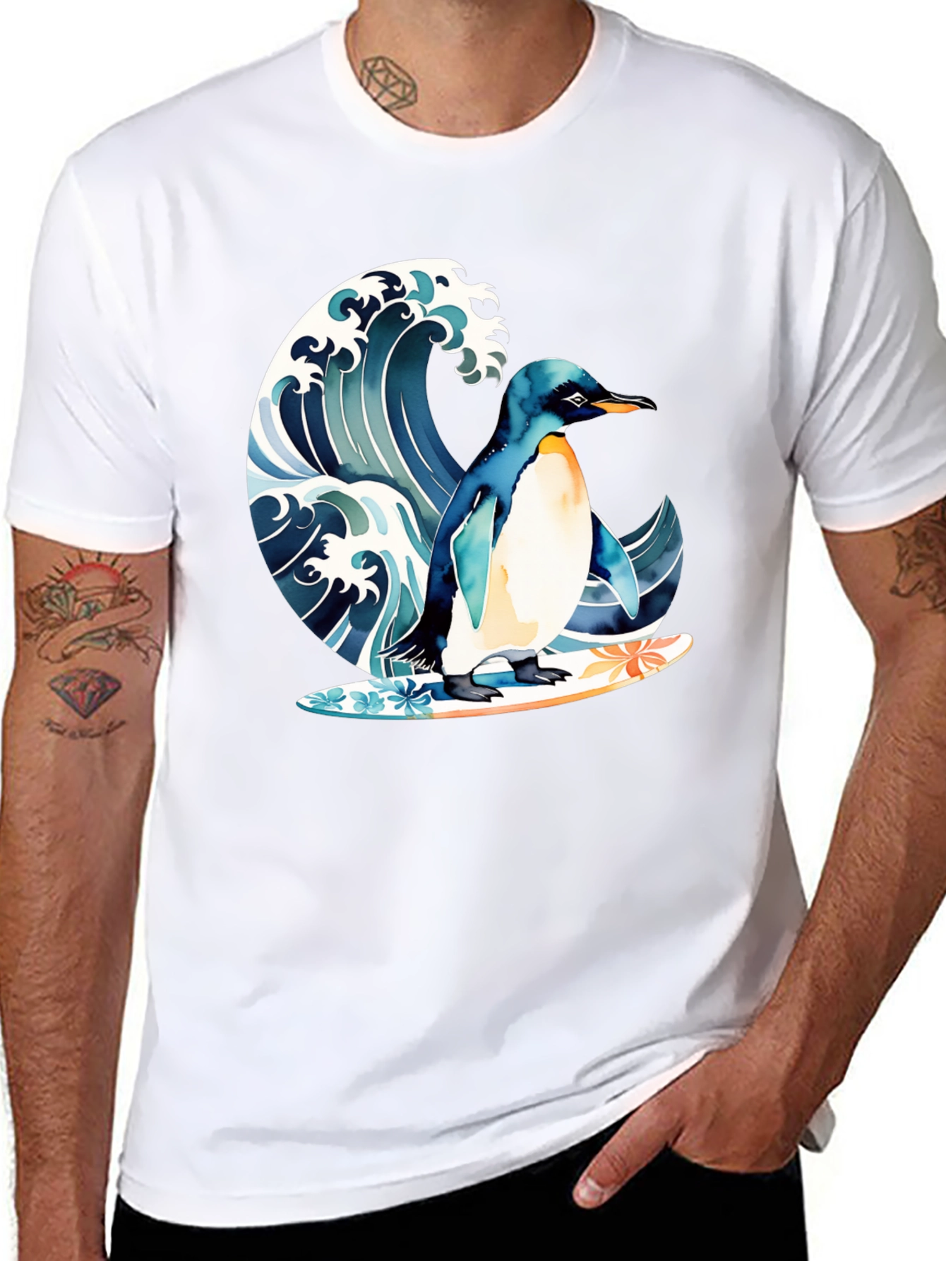 Penguin Surfing Wave Graphic T-Shirt