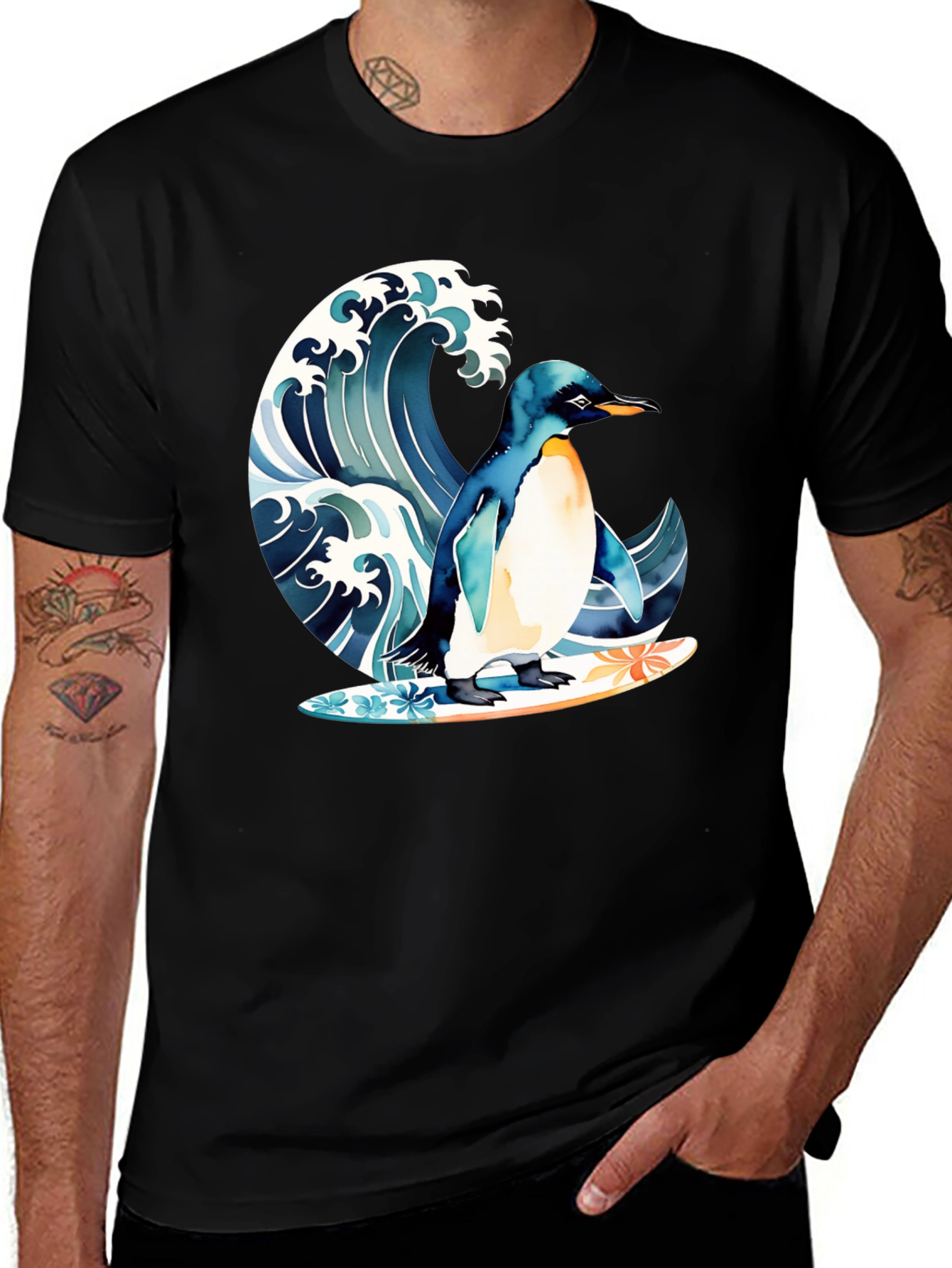 Penguin Surfing Wave Graphic T-Shirt