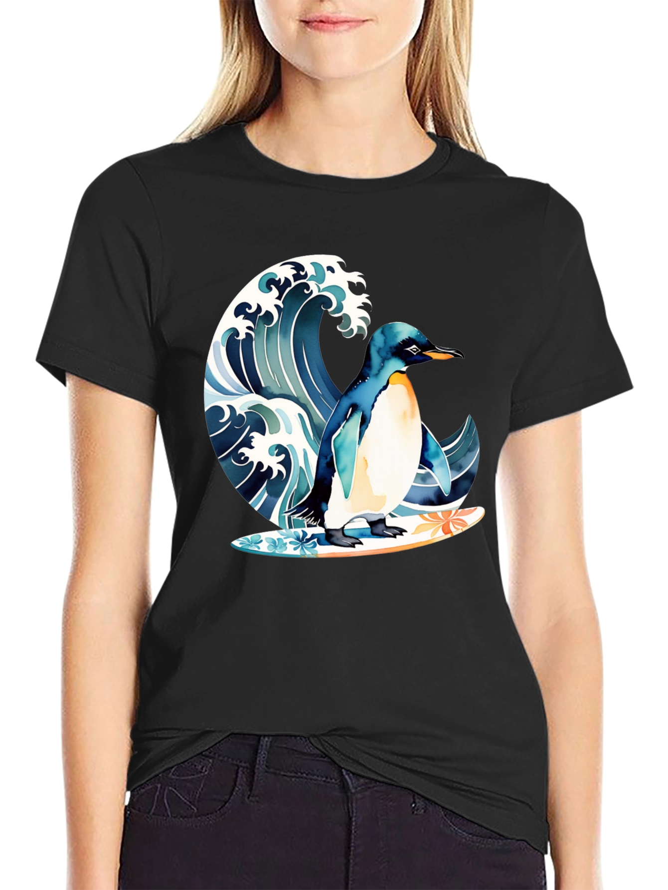 Penguin Surfing Wave Graphic T-Shirt